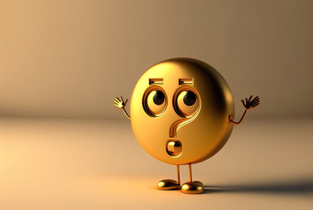 Golden bitcoin coin with the question mark symbol cartoon figure person mascot attachedの素材
