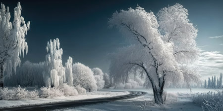 Beautiful winter scenery with hoarfrost covered treesの素材