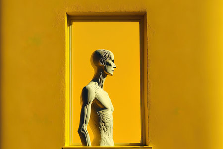 Human sculpture in a window in a minimalistic scenario against a background of a yellow wallの素材