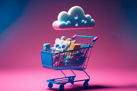 Conceptual illustration of a skeleton on a cart with a drifting cloud in blue pink and pastel colorsの素材