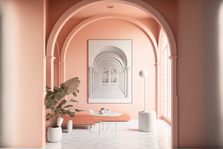 Interior with arches and terrazzo flooring is peach pink coral. mock up of an illustrationの素材