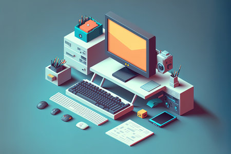 Illustration of an unusual office desk with a computer and a keyboard in isometric viewの素材