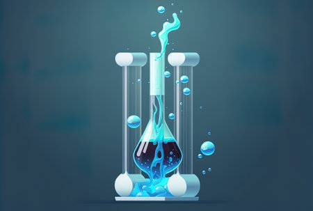 Laboratory glassware in the shape of a test tube with liquid being dripped into it is blueの素材