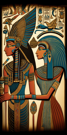 Egyptian papyrus close up featuring Horus and the queenの素材