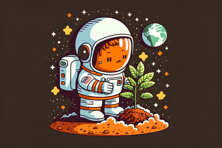 Illustration of an astronaut holding a plant in space and urging people to rescue the planetの素材