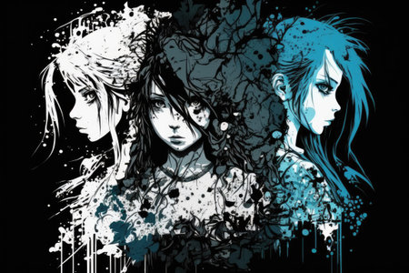 Artistic digital wallpaper illustration with pretty females from animeの素材