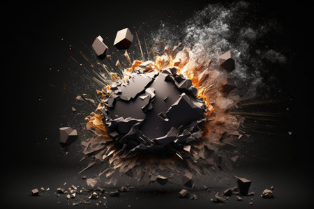 Explosion related debris against a dark backgroundの素材