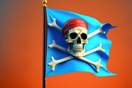 Jolly Roger the pirate in three dimensions isolated on a horizontal banner of the blue skyの素材
