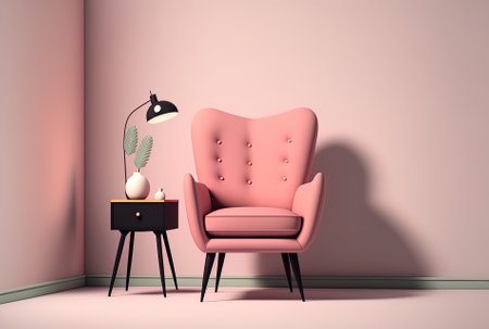 An armchair in a contemporary minimalist setting against a background of a pale pink empty wallの素材