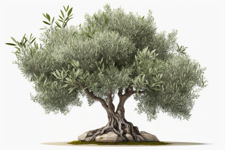 Isolated white background with a green olive tree and olivesの素材