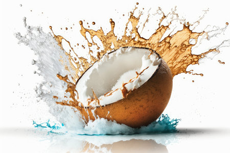 coconut splashing across white with waterの素材