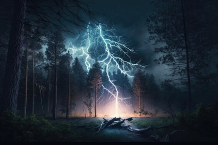 Very brilliant lightning bolts arced low over the woodsの素材