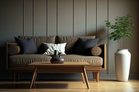Wooden empty table in front of Living room sofa interior. For product display and presentationの素材