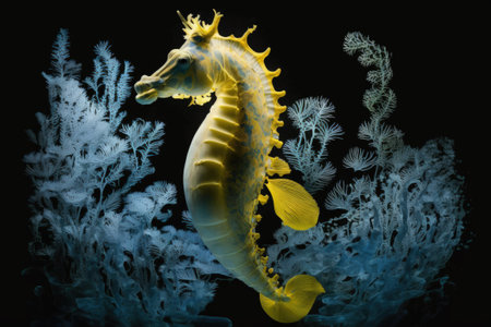 Yellow seahorse with sharp spines floats in the ocean (Hippocampus jayakarai)の素材