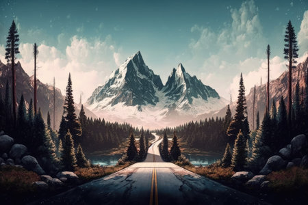Scenery with a paved road lush woodland and towering mountainsの素材