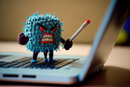 virus attack man cropped view hit laptop with hammer virus threat viruskilling softwareの素材