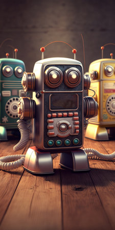 retro robots on tin can phones on a wooden floor with reflectionの素材