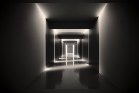 abstracted dark corridor with a brilliant light at the end virtual reality interior abstractの素材