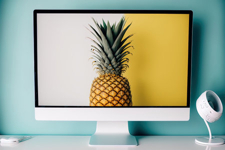 White table with isolated computer screen style and pineapple wallpaperの素材