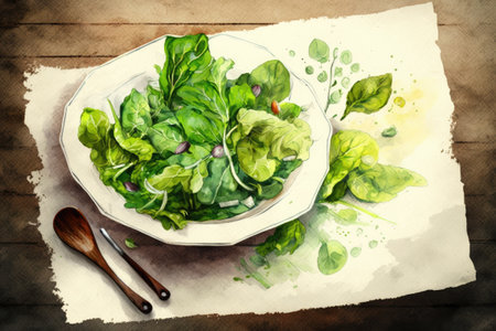 Green salad with fresh vegetables on a rustic table. Positioned above the action with room for copyの素材