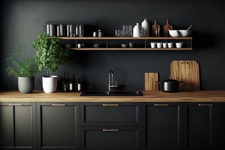Black kitchen with sink furniture utensils and decorations. mock up for an illustrationの素材