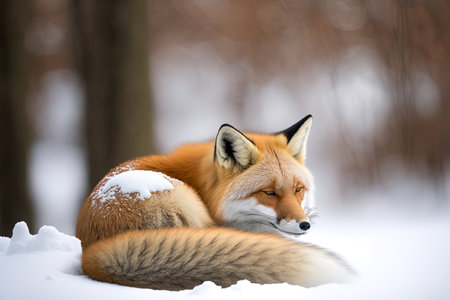 Japan Japanese red fox resting dozing and playing against a backdrop of a white snowy woodlandの素材
