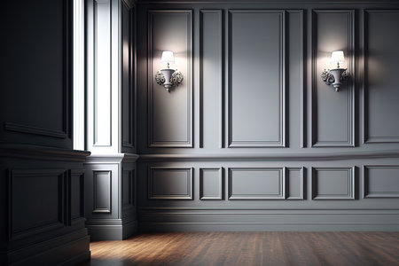 Interior Modern classic gray wooden floor wall panels and molding. mock up for an illustrationの素材