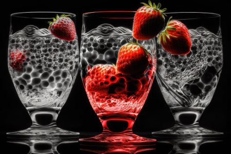 Strawberry glasses with a cool summer drink on a black backgroundの素材
