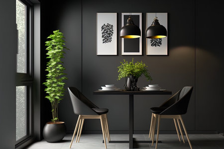 Modern dining area with black wall black wooden furniture and light ceramic floor tilesの素材