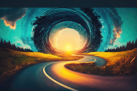 Amazing sunset over a whirling asphalt roadの素材