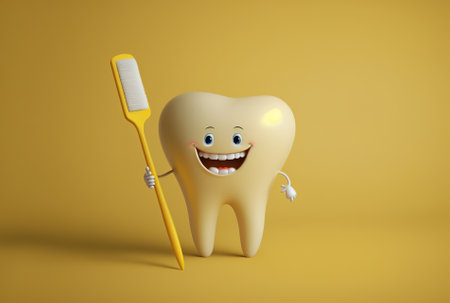 Yellow backdrop with a white cartoon mascot with white teeth holding a basic plastic toothbrushの素材