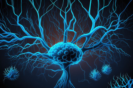 Abstract brain cells in blue on a background of a digital cyberspace networkの素材