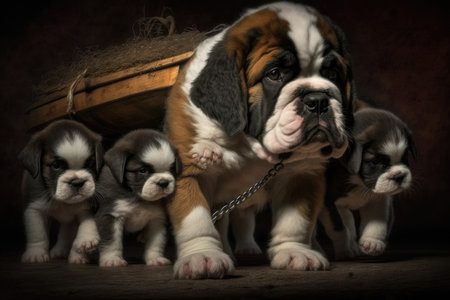 Puppy from Saint Bernard carrying three little kittensの素材