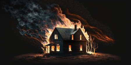 Wooden house or barn burning on fire at nightの素材