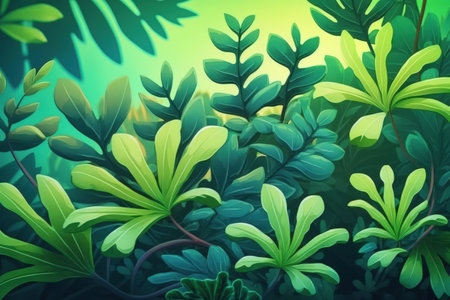 green tiny tropical leaves in a background that is fuzzyの素材