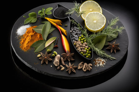 spices and herbs on a black stone platterの素材