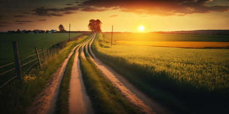 Country road between fields in the spring with lush grass and the setting sunの素材