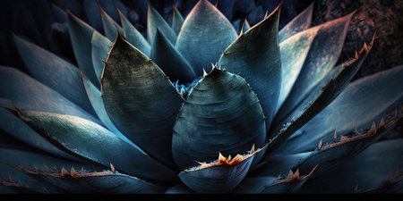 close up of an agave cactus with an abstract background and textures in shades of dark blueの素材