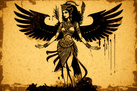 Ancient golden stucco texture with the figure of the Egyptian goddess Isis on a grunge backgroundの素材