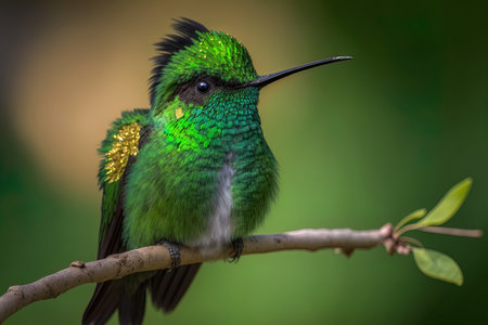 Beautiful green bee hummingbird on the end of a branch seen from behind and gazing to the sideの素材