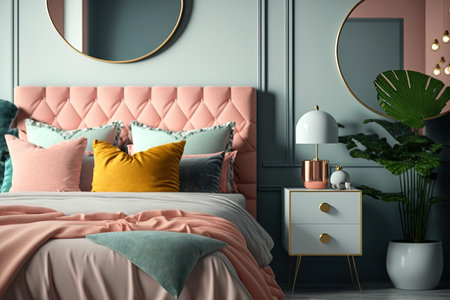 In a pastel bedroom with a mirror there are contemporary posters over the headboard. real pictureの素材