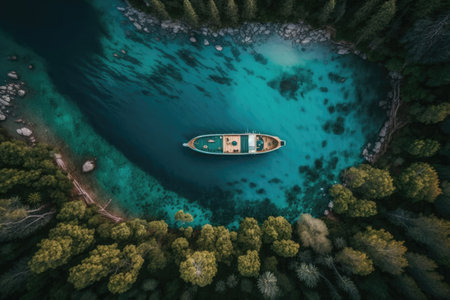 Aerial view of a boat anchored in a forest filled coveの素材