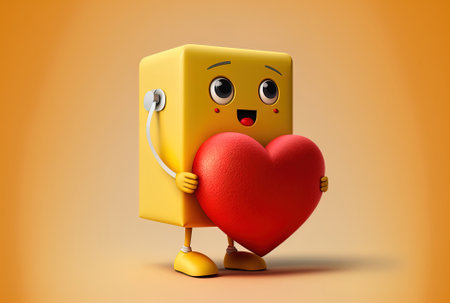 Character mascot with red heart on a yellow backdrop a white present box and a red ribbon.の素材