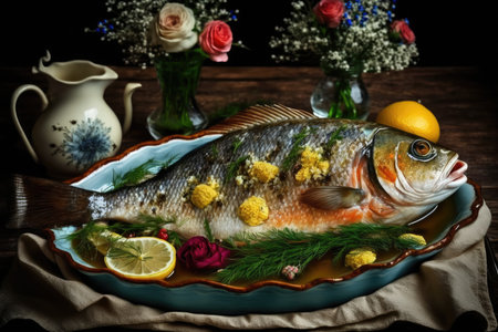 Delicious baked fish on a dish at a table up closeの素材