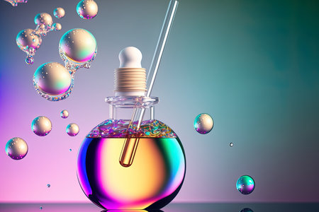 Cosmetic pipette with Molecule Model and Cosmetic Essence oil with a liquid drop backdropの素材
