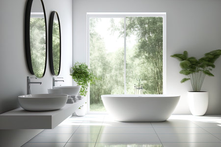 Beautiful bathroom interior with white walls a tiled floor a cozy bathtub and two sinksの素材