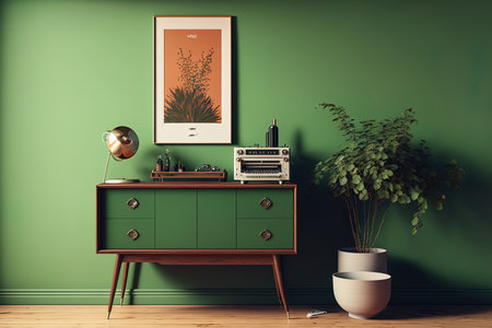 Dresser used as a mock up for a poster design in front of a green wall in the living room ()の素材