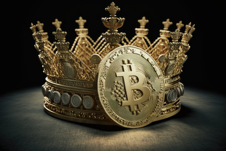 Crowned in gold with bitcoin. Concept of cryptocurrency kingの素材