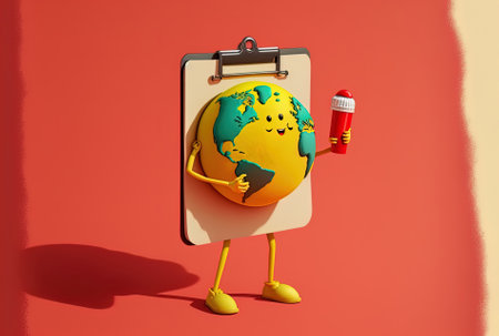 Earth globe figure mascot on a yellow backdrop holding a red plastic clipboard paper and pencilの素材