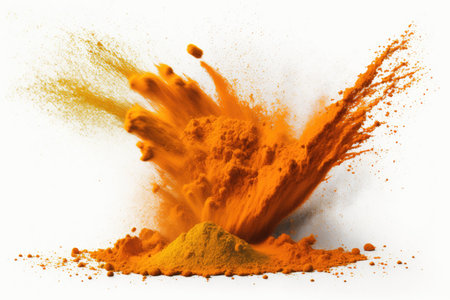 Burst of turmeric powder on a white backgroundの素材